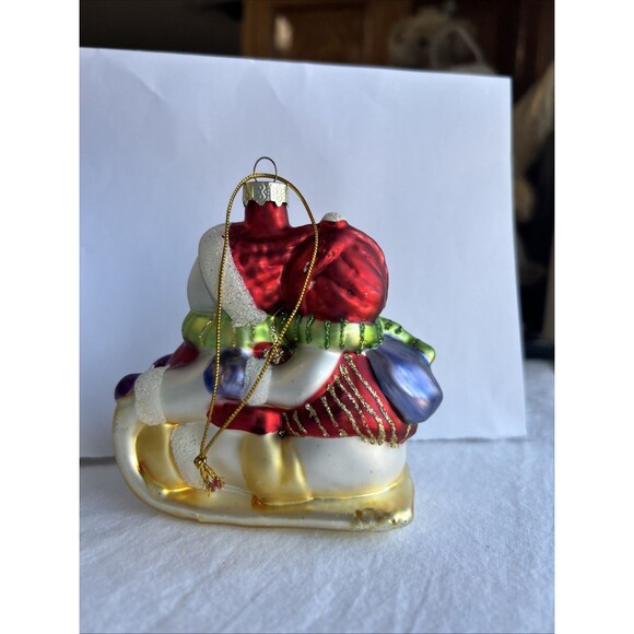 Vintage Glass Snowman Sled Ornament Hand Painted Glitter Christmas Holiday - Picture 3 of 7